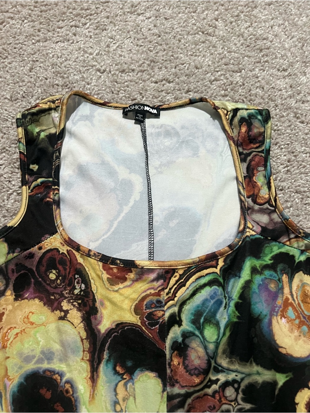 Fashion Nova Multicolor Marble-Print Sleeveless Jumpsuit with Black Fringe - Picture 3 of 4